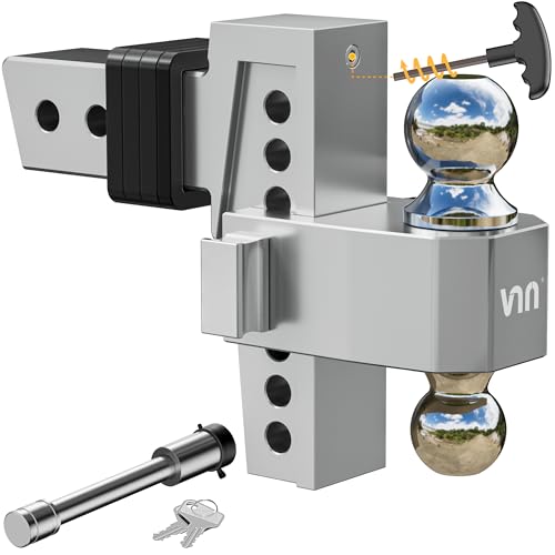 VNN Adjustable Drop Hitch  Dual-Ball (2" & 2-5/16'') Trailer Hitch for 2.5-Inch Receiver, 6-Inch Drop, 18,500 lbs GTW, Heavy-Duty Ball Mount for Trucks  Silver (VN0009)
