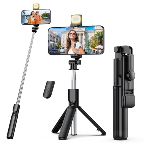 Aourxiv Selfie Stick Tripod with Light Retractable Selfie Stick Tripod with Wireless Remote Control for Photograph Live Streaming Video Recording Compatible with 4-7 Smartphone