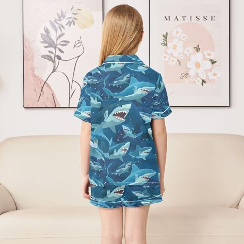 ALAZA Shark Ocean Blue Pajamas Satin Pajama Set Short Sleeve Button Down Sleepwear4