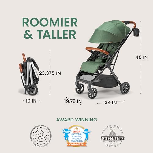 Image of Bombi Bēbee V2 Lightweight Baby Stroller - Premium Vegan Leather, One-Hand Fold, Infinite Recline, Aircraft-Grade Aluminum Frame, XXL Canopy, and Ample Storage Umbrella Stroller - Hunter Green