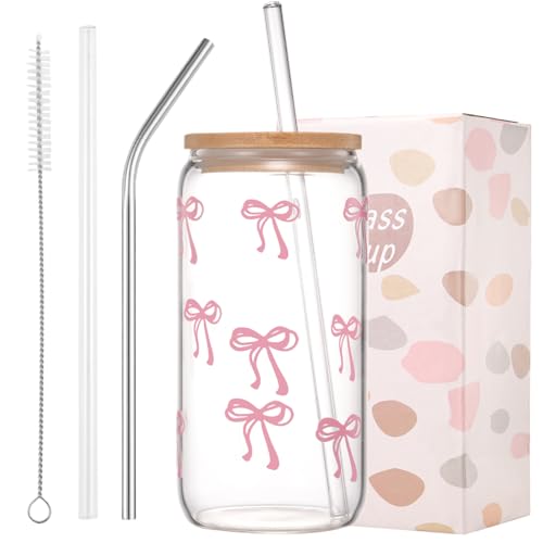 ANABIUP Coquette Cute Pink Bow Glass Cups with Lids and Straws, Aesthetic Iced Coffee Cup, Girly Preppy Design Tumbler Mug for Teen Girls Women Girlfriends Gifts