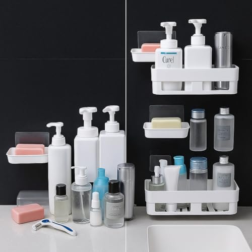 Image of perpetual Bathroom Organiser, Self Adhesive Bathroom Shelf for Wall, Washroom Organizer, Bathroom Rack Stand Without Drilling, SOAD Dish Holder (4Shelf + 4Soap Dish)