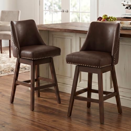 27.5 inch Counter Height Bar Stools Set of 2 Faux Leather 360°Swivel Barstools with Back and Wood Legs Upholstered Stool Chairs for Home/Kitchen Island/Breakfast Bar/Restaurant, Brown