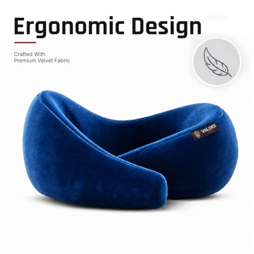 Image of Premium Memory Foam Neck Pillow by ValorX USA for Travelling 360 Neck Support with Adjustable Velcro Straps & Ultra-Soft Velvet Cover, Blue