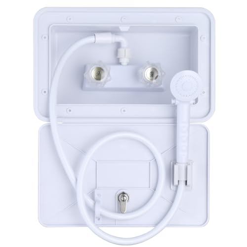 hansengroe RV Exterior Shower Box Outdoor Camper Trailer Shower Kit with 2.5 GPM Showerhead, Shower Faucet and 47'' Hose Wall Box Portable Use for Camper Van Travel Trailer Motorhome and Boat (White)