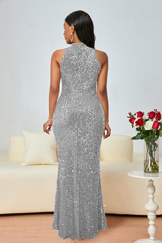 Image of VERWIN Sleeveless Halter Neck Sparkly Casual Party Cocktail Evening Bodycon Mermaid Maxi Sequins Dress