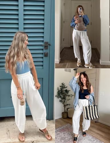 Image of Xiaoxuemeng Womens Baggy Wide Leg Pants Casual Elastic Waisted Palazzo Harem Pants with Pockets