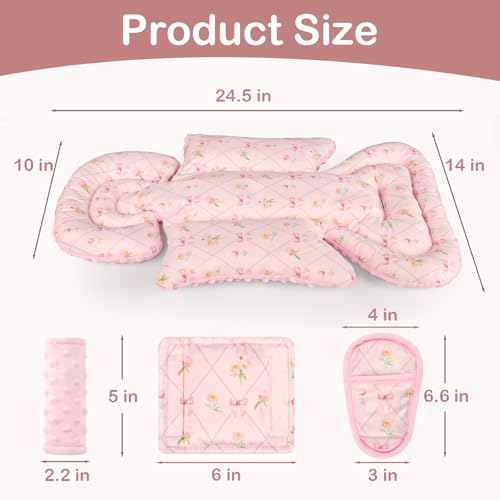 Image of Infant Car Seat Insert with 3 Strap Covers, Soft Car Seat Head Support for Baby Girls, Plush Fabric Newborn Insert for carseat, Strollers, Swings, Bouncer, Flower Bow