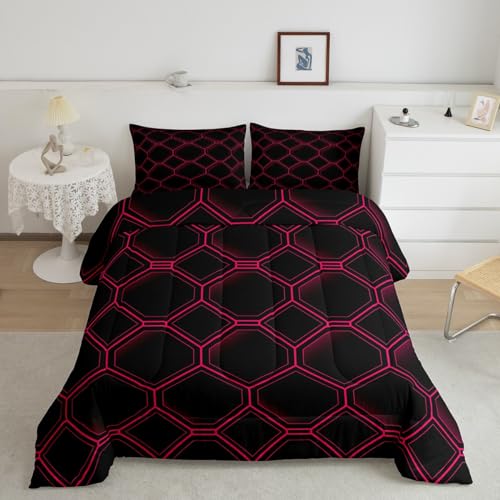 Erosebridal Honeycomb Twin Bedding Sets for Girls Kids,3D Stereoscopic Black Magenta Hexagon Quilt Reversible Geometric Hexagonal Beehive Comforter Set,Abstract Art Geometry Room Decor