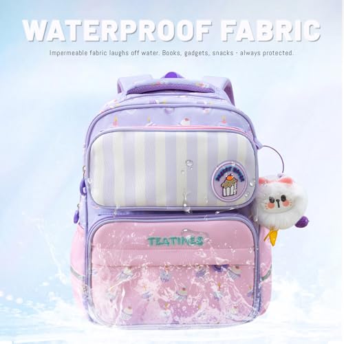Kids School Backpack For Age 4-7 Girls Waterproof Oxford Bookbag with Chest Buckle & Plush Charm - Purple Cute Cupcake Design2