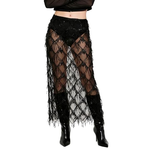 AXX Womens Sequin Fringe Midi Skirt - Sheer Mesh Sparkly Tassel Skirt with Side Slit Elastic Waist Glitter Party Club (US Alpha X-Large Regular Regular Black)