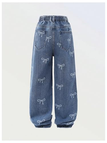MakeMeChic Girl's Bow Knot Print Zipper Fly Straight Leg Loose Fit Jeans Denim Pants2
