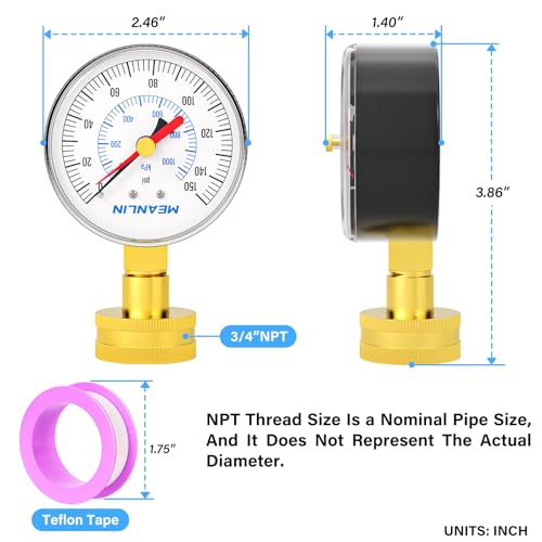Image of MEANLIN MEASURE 0~150Psi 3 /4 inch Female Water Pressure Test Gauge, 2.5 inch FACE DIAL with Red Indicator Hands, Hydraulic Tester Suitable for Gardens, Water Pipes