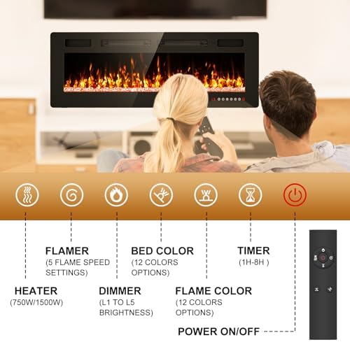 50” Electric Fireplace Recessed and Wall Mounted Fire Places with Remote Control, Touch Screen