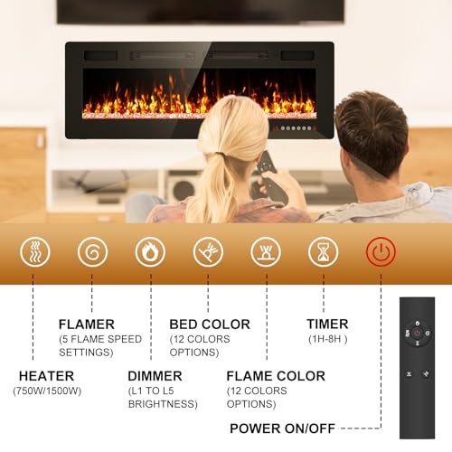 50” Electric Fireplace Recessed and Wall Mounted Fire Places with Remote Control, Touch Screen