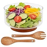 Ziyonix 4200ML Ensaladera de Vidrio con Base de Madera de Acacia, Diseño de Gran Capacidad Juego de Cuencos de Ensalada de Vidrio con Pinzas de Madera Elegantes para Ensaladas Frutas