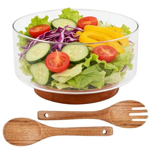 Ziyonix 4200ML Ensemble de Saladiers en Verre avec Base en Bois D'acacia, Élégant Bols de Fête Grande Capacité avec Ustensiles de Service à Salade Plat de Service Polyvalent pour Salades Fruits Desser