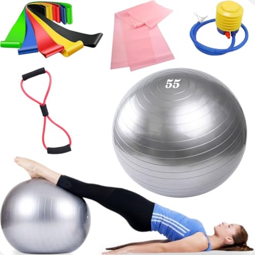 Kit Pilates e Yoga, Bola 55cm Antiestouro com Bomba de Ar, 7 Faix...