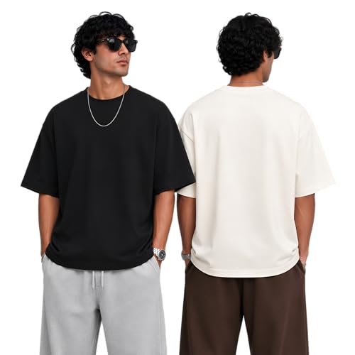 Image of Oversized T Shirt for Men Combo Pack of 2 & 3 | Heavyweight Cotton T Shirt | Drop Shoulder Baggy Loose Fit Round Neck Casual Streetwear Oversized Tshirt