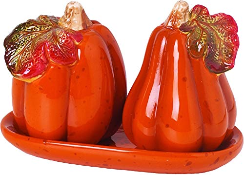 Harvest 3 Piece Dolomite Pumpkin Salt and Pepper Shaker with Tray Set