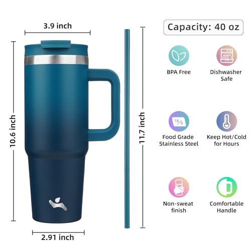 Image of Konokyo 40 oz Insulated Tumbler Water Bottle with Handle, Straw Lid | BPA-free and dishwasher safe; made for gym, travel, coffee and gifting, 2 straws, cup holder friendly,Indigo Black