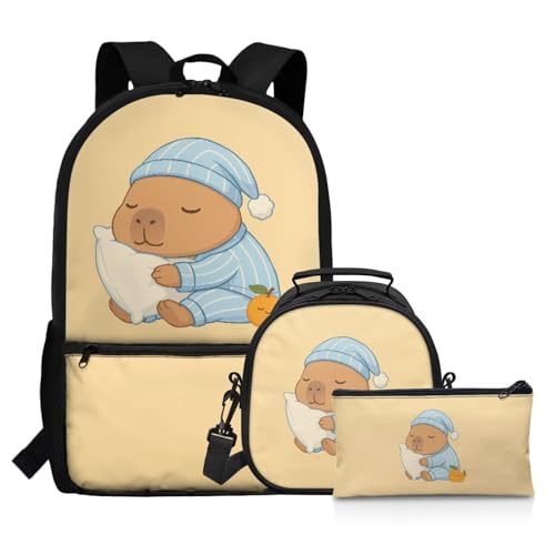 Showudesigns Cute Capybara School Bags for Boys 4-6 7-10 Primary Backpack and Lunch Box Set Pencil Case Kindergarten Preschool School Back Packs 17inch Kids Bookbag Rucksack
