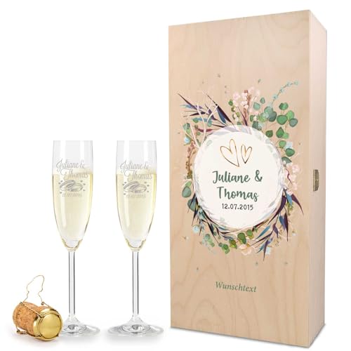 Leonardo Flûtes à champagne gravés Design floral Cadeau mariage, fiançailles ou anniversaire Boîte bois vintage imprimée