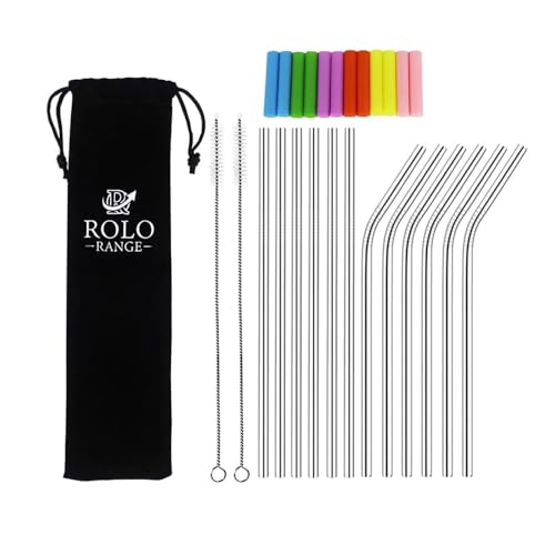 Reusable Straw - Metal Straws - 12-Piece Stainless Steel Straw Set with Silicone Tips, Pouch, Long Drinking Straws, 2 Cleaning Brushes Perfect for a Smoothie, Milkshake, Cocktail & More