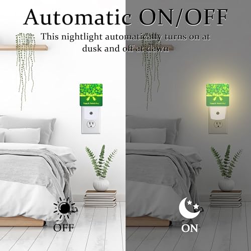 Image of Happy St Patrick's Day Night Light Plug into Wall,Green Saint Patrick's Shamrock Dusk to Dawn Night Light Plug in,0.5w Energy Saving Sleep Friendly NightLight for Kids Boys Girls Home Decor