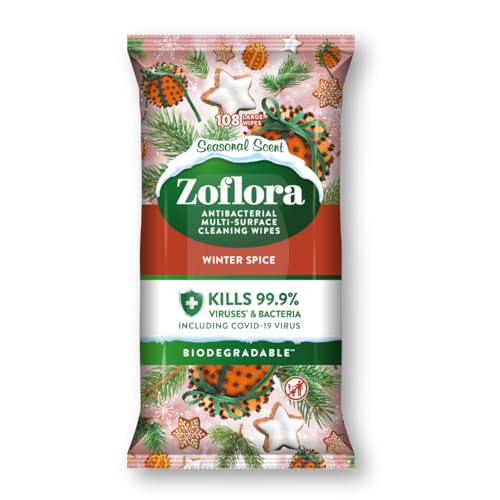 Zoflora Winter Spice Biodegradable Wipes, Antibacterial Multi-surface Cleaning Wipes, Kills 99,9% of Bacteria & Viruses, Convenient, Quick Cleaning, 1 Pack (108 Sheets)