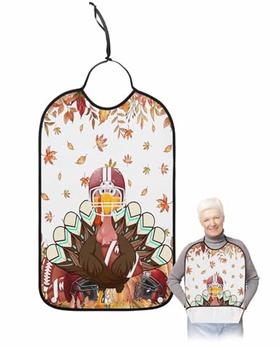 Thanksgiving Turkey Rugby Adult Bib for Adults Men, Women, Autumn Maple Leaf Orange Brown Washable & Adjustable Terry Cloth Bib with Crumb Catcher Reusable Waterproof Clothing Clothes Protector Apron