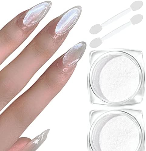 RONGHUA 2 Pcs Chrome Nail Powder White Pearl,Mirror Effect Aurora Magic Pearlescent Nail Jewelry Mirror Glitter Powder Holographic Pigment,Healthy & Long-Lasting for Nail Art Decorations
