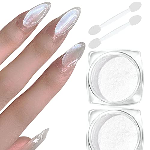 Ronghua 2 Pcs Chrome Nail Powder White Pearl,Mirror Effect Aurora Magic Pearlescent Nail Jewelry Mirror Glitter Powder Holographic Pigment,Healthy & Long-Lasting For Nail Art Decorations #TOP1