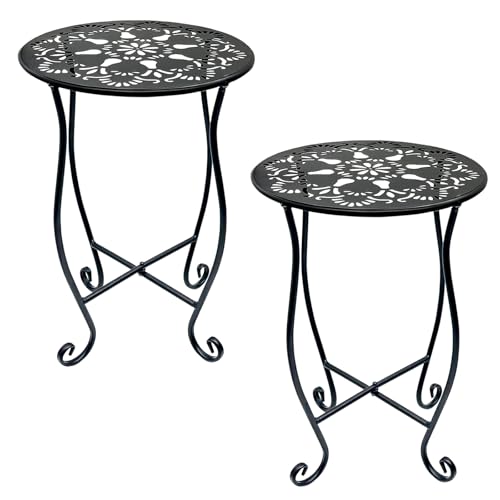 Arbuxzuy 2 Packs 17" Tall Round Metal Outdoor Side Tables for Patio, Decorative Black Flower Pot Stand, Rustproof Potted Holder, 120 lbs Load Capacity