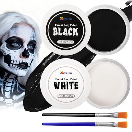 nsxsu Halloween Face Paint White+Black 110g(3.9oz ), Face Painting Kit Professional for Kids and Adults, Body Paint Set with Brushes for Halloween SFX Makeup Cosplay Skull Clown Art Theater