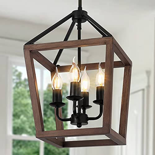 4-Lights Rustic Chandelier Farmhouse Lantern Pendant Light in Wood Grain, Farmhouse Light Fixtures for Dining Room, Kitchen Island, Hallway, Entryway, Living Room