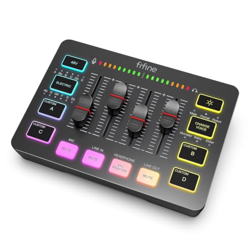4 Channel USB Audio Mixer with XLR Microphone Input, RGB Streaming Mixer for Gaming, Podcast, Live Streaming, Recording, Voice Effects and PC Audio Control，BLACK