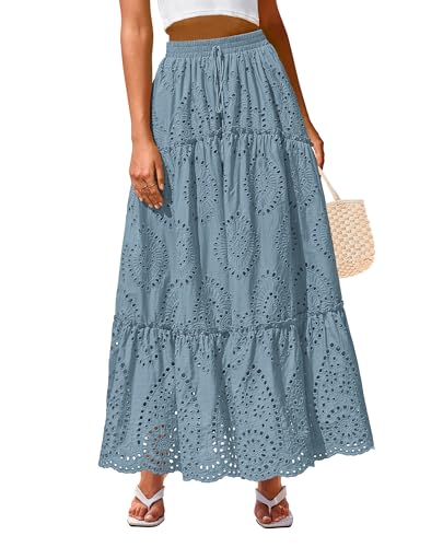 BTFBM Boho Long Skirts for Women Spring Summer 2026 Lace Embroidery High Waist Flowy Tiered Maxi Skirt Beach Vacation(Blue Grey, X-Large)