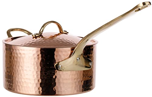DEMMEX Handmade 1.6L Tin-Lined Solid Copper Saucepan with Lid – Thick 1.2mm Food-Safe Cooking Pan for Hob Use, Traditional Turkish Copper Saucepan
