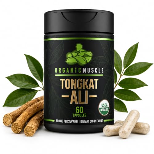 Organic Muscle Tongkat Ali for Men 500mg Longjack Eurycoma Longifolia Supplement | USDA Organic 60 Capsules | Wild-Harvested Root | Mens T-Level & Energy Support*