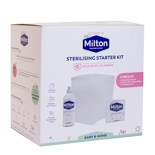 Milton Kit De Iniciación De Esterilización, Esencial Para Esterilización De Bebés, Incluye Limpiador De Biberones Milton Para Bebés, Esterilizador De Agua Fría Milton Y 28 Tabletas Esterilizadoras