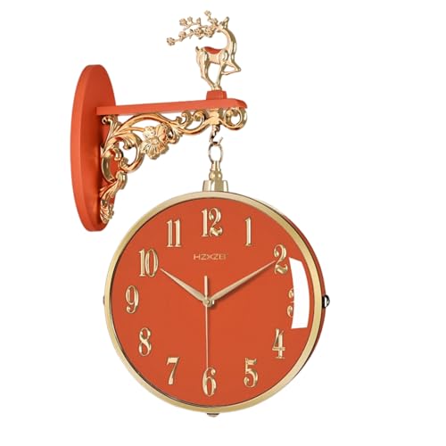 Reloj de doble cara, silencioso sin tictac, diseño de decoración dorada, decoración de ciervos y flores, acabados blancos y dorados, reloj de decoración del hogar para sala de estar, pasillo