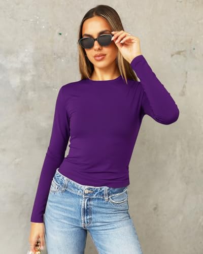 Image of Abardsion Women's Slim Lightweigh Long Sleeve T Shirts | Fall Clothes 2026 Casual Basic Crewneck Going Out Crop Tops Y2K