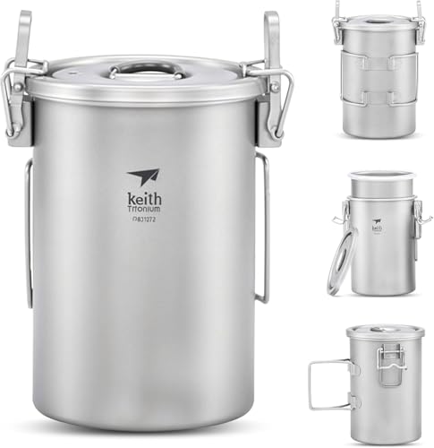 Olla Multifuncional Keith Titanium, Batería de Cocina de Ti6300 900 ml con Tapa, Olla Pequeña para Acampada al Aire Libre con Asa Plegable para Maniobrar Fácilmente, Ideal para Caminatas y Mochileros