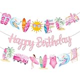 3Pcs Vintage Surfing Happy Birthday Banners Pink Glitter Summer Surfing Surfboard Birthday Party Decorations for Girls Summer Surf Baby Shower Luau Hawaiian Party Supplies