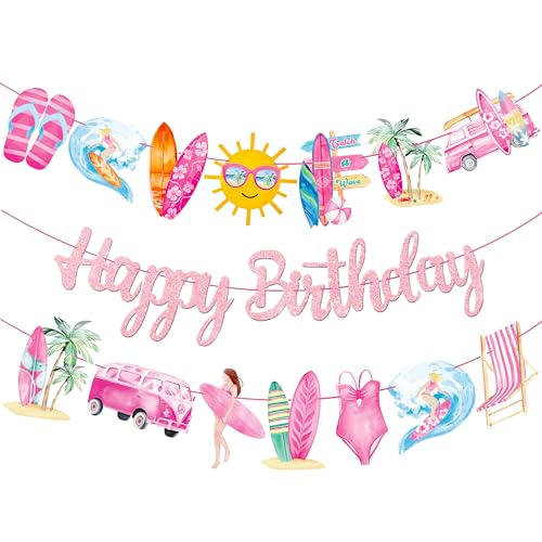3Pcs Vintage Surfing Happy Birthday Banners Pink Glitter Summer Surfing Surfboard Birthday Party Decorations for Girls Summer Surf Baby Shower Luau Hawaiian Party Supplies