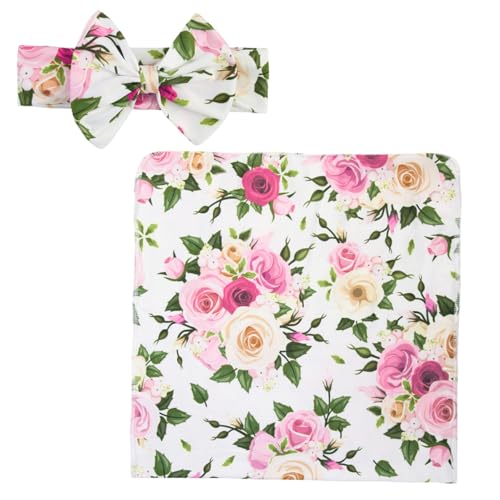 HOODANCOS Kit Manta para Estampado Floral y Diadema con Lazo Envoltura Suave para Recién Nacido Accesorio para Fotografía Infantil y Regalo Práctico para Arrullo y Cuidado