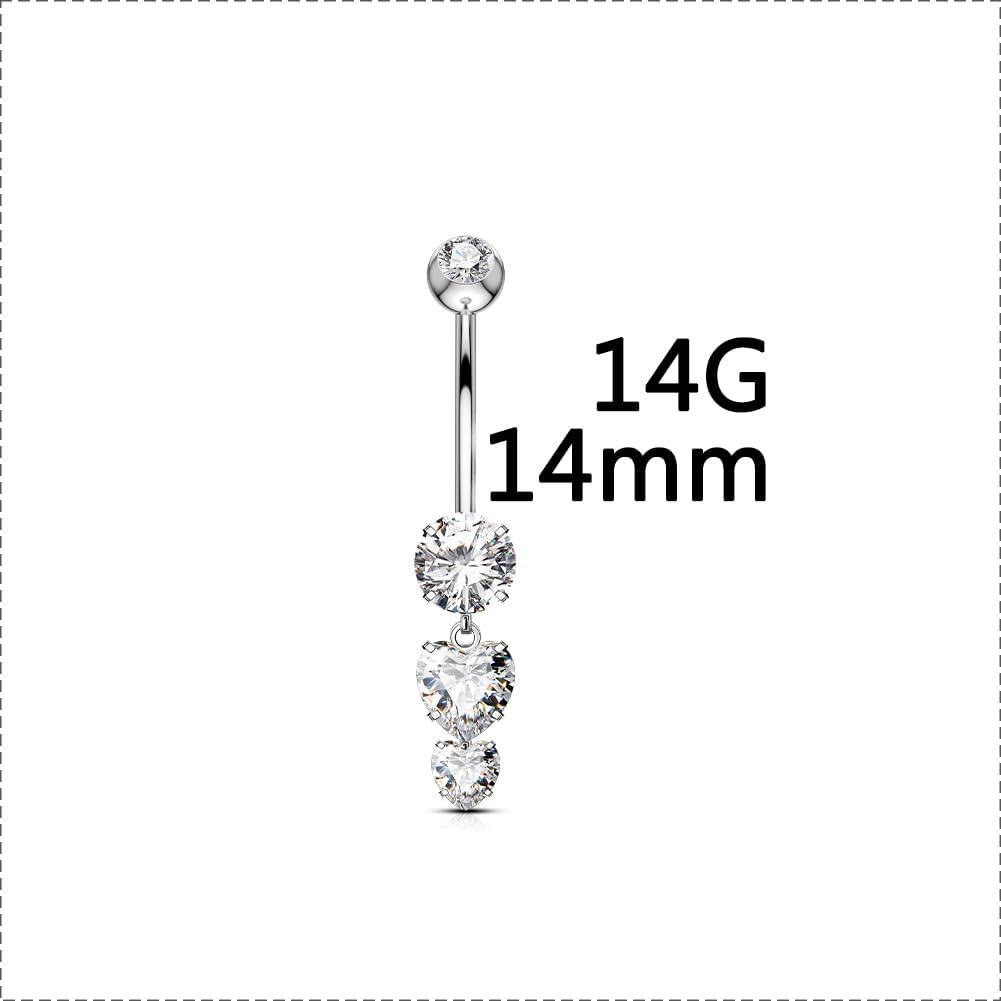 OUFER Belly Button Rings, 14G Heart Shaped Pendant Belly Button Piercing, G23 Solid Titanium Internally Threaded Belly Rings, Clear CZ Pendant Navel Piercing Jewelry For Women - Image 9