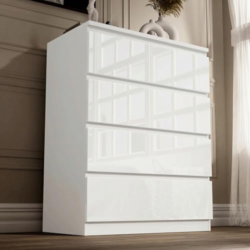 Blisswood White High Gloss Chest of Drawers 4 Drawer Bedroom Furniture Storage Unit with Smooth Metal Runners Modern Tall Cabinet for Bedroom Living Room Office or Hallway 40D x 70W x 95.5H CM