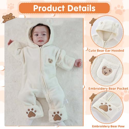Image of Fairy Baby Newborn Baby Bear Outfit With Fold-Over Mittens Footies Thin Fleece Romper Hooded Jumpsuit Winter Coat Girls Boys
